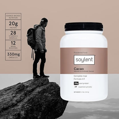 Soylent Complete Nutrition Meal Replacement Protein Powder, Cacao - Plant Based Vegan Protein, 39