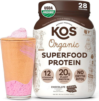 KOS Vegan Protein Powder Erythritol Free, Chocolate - Organic Pea Protein Blend, Plant Based