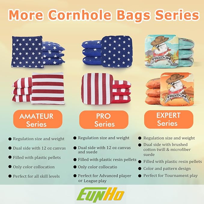 EunHo Dual Sided Cornhole Bags Regulation Set of 8 Professional Cornhole Bean Bags Slick and Stick