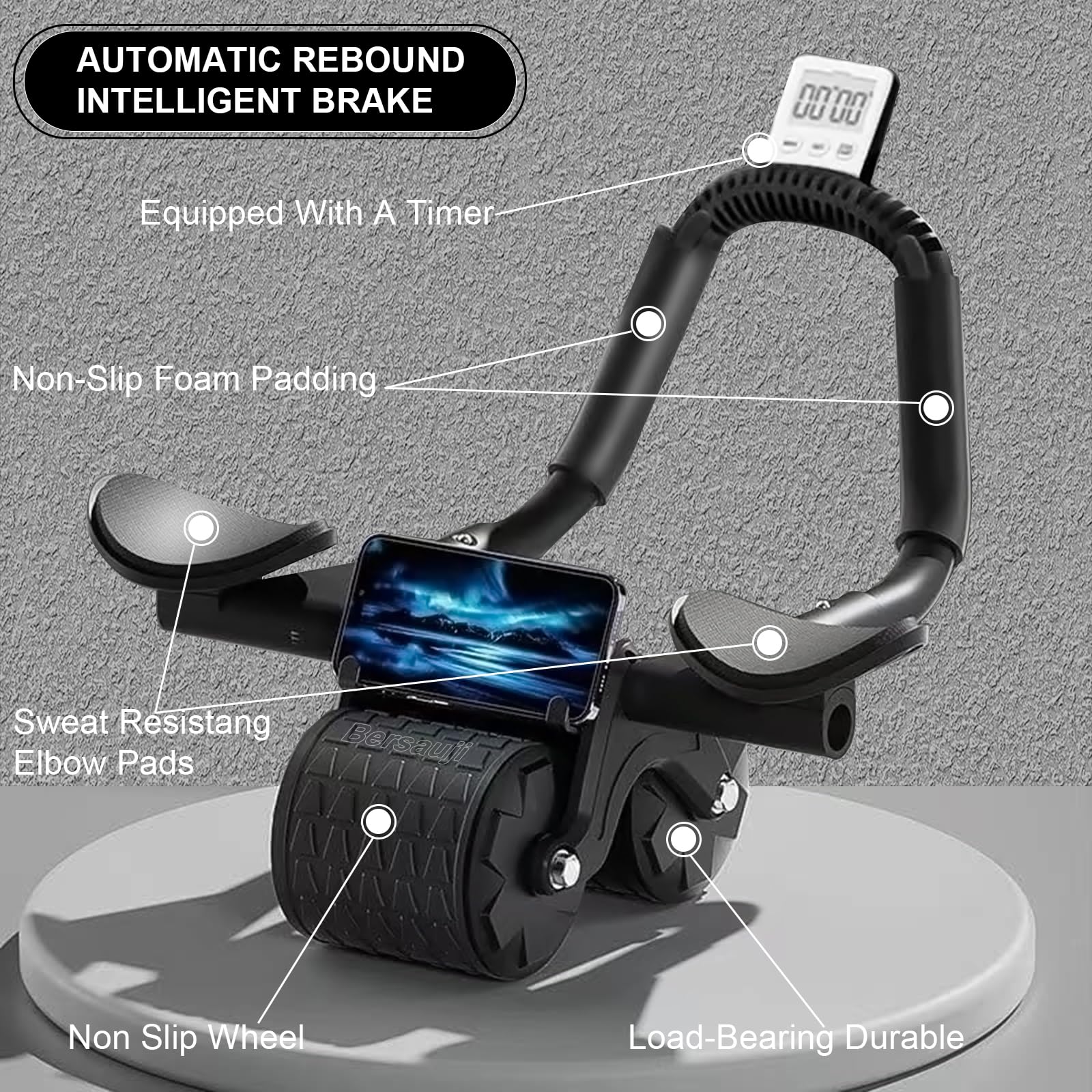 2026 Upgraded Ab Roller Wheel with Knee Mat &Timer - Automatic Rebound Abdominal Wheel with Elbow