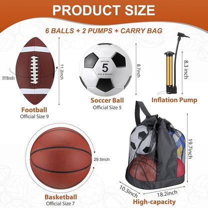 Sratte 6 Pcs Sports Balls Set for Kids Teens Adults Official Size Football Soccer Basketball with