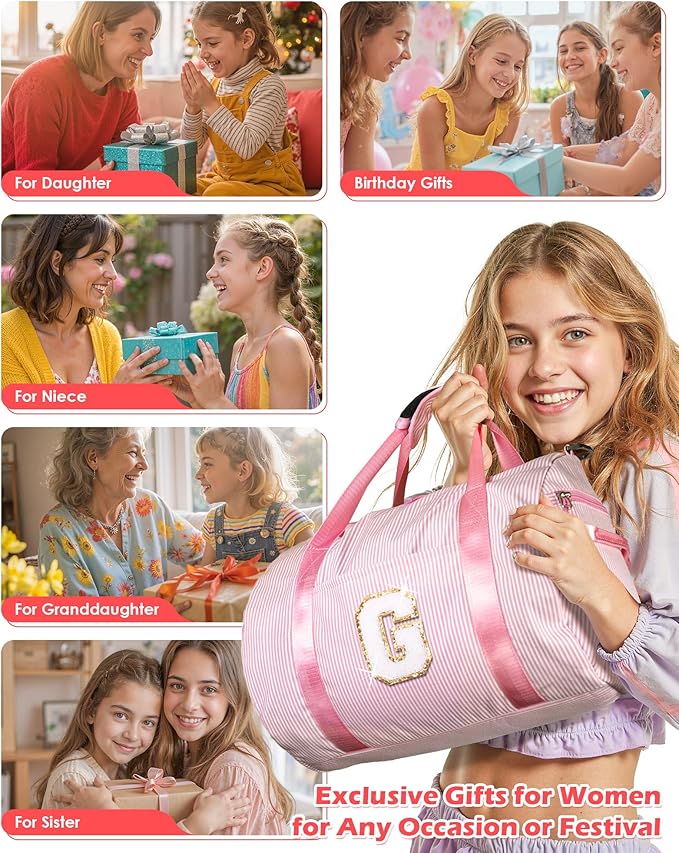 Birthday Gift for Daughter, Girl Gym Bag, Kids Initial Overnight Duffel Bags with Shoe Compartment