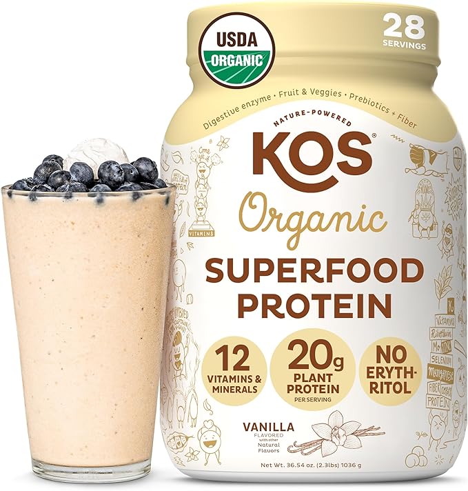 KOS Vegan Protein Powder Erythritol Free, Vanilla USDA Organic - Pea Protein Blend, Plant Based