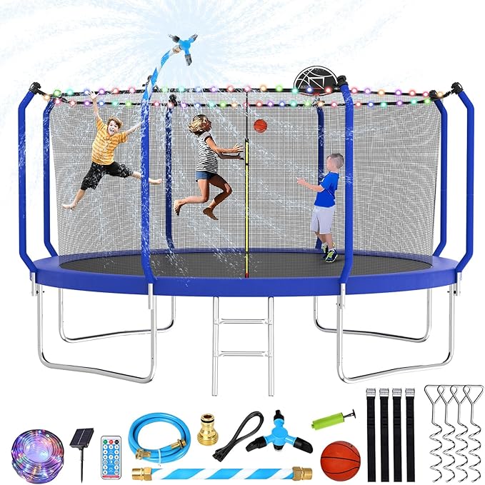 Upgraded Trampoline 8FT/10FT/12FT/14FT With Basketball Hoop, Light, Sprinkler, Stakes - Outdoor