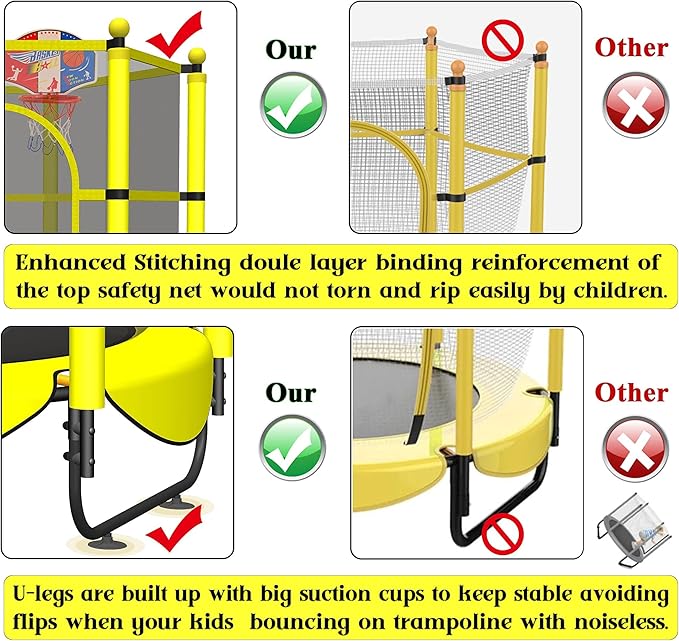 60" Trampoline for Kids, 5 FT Indoor & Outdoor Toddler Baby Trampoline with Basketball Hoop, Safety