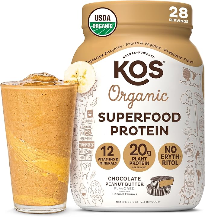 KOS Organic Plant Based Protein Powder, Chocolate Peanut Butter - Delicious Vegan Protein Powder