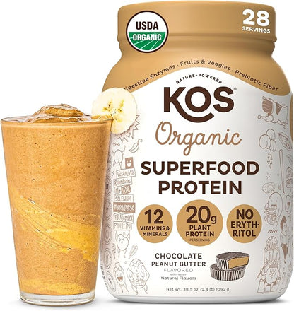 KOS Organic Plant Based Protein Powder, Chocolate Peanut Butter - Delicious Vegan Protein Powder