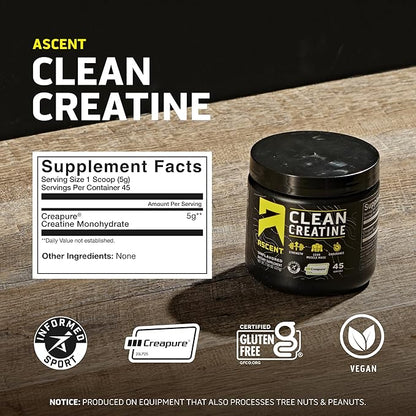 Ascent Clean Creatine Monohydrate Powder - 5G Per Serving, Creapure Creatine Supplement