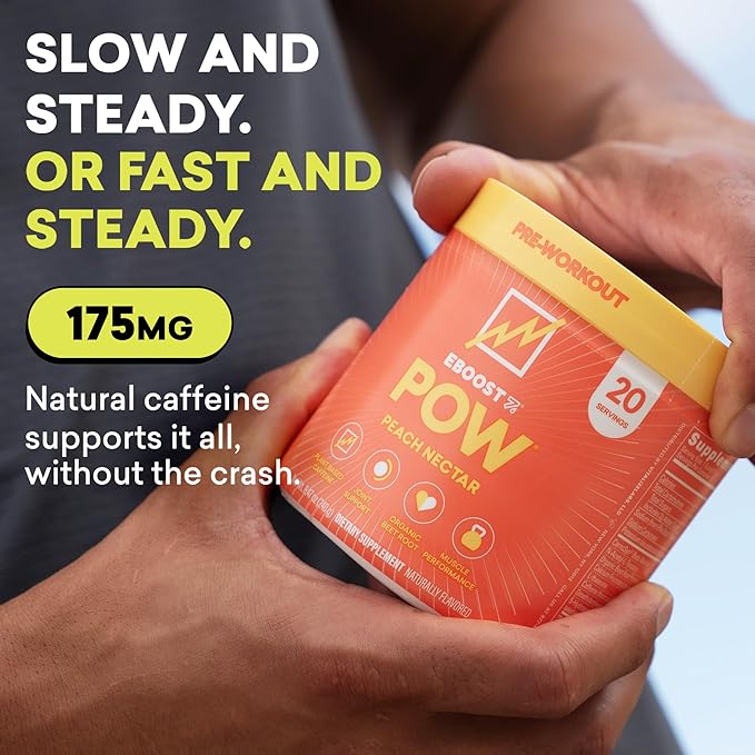 EBOOST POW Natural Pre Workout Powder - 20 Servings, Peach Nectar - Preworkout Energy Booster Gym