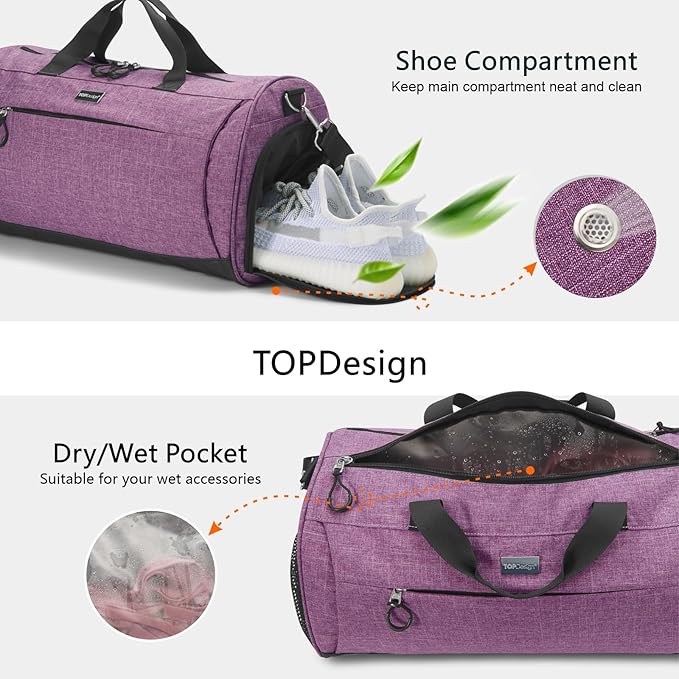 TOPDesign Gym Bag for Women & Men, Unisex Duffel Bag with Shoe Compartment & Wet Pocket for Travel