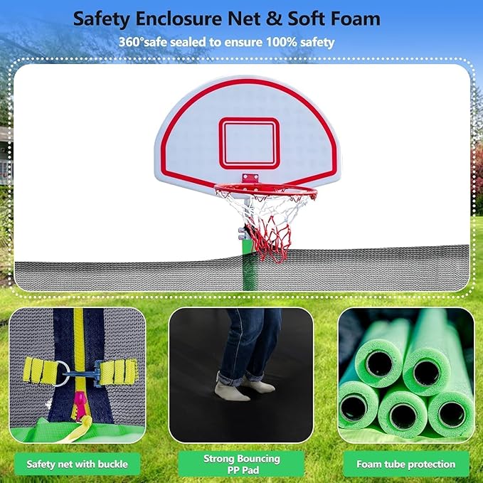 Upgraded 16FT 15FT 14FT 12FT 10FT 8FT Trampoline Outdoor with Basketball Hoop and Net, Capacity for