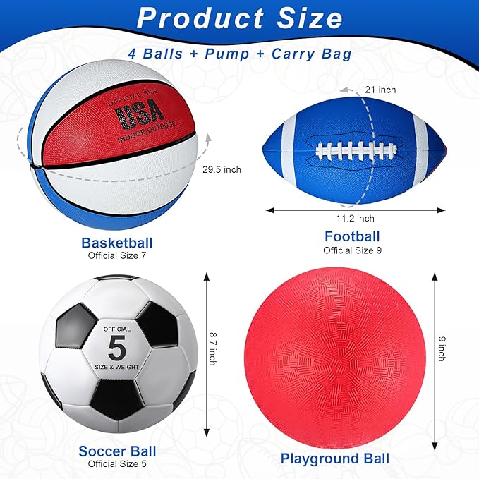Lenwen 4 Pcs Sports Balls Set, Include Official Size Basketball Soccer Football Playground Ball