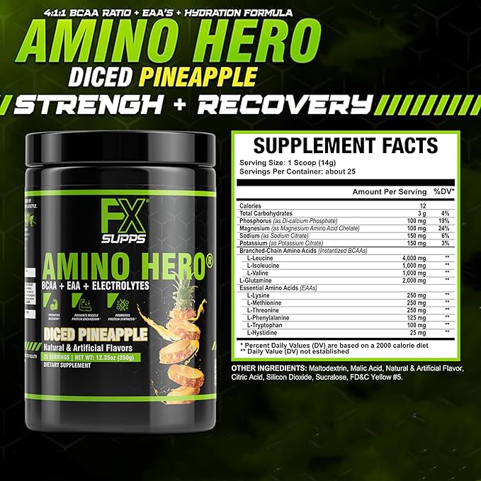 FXSUPPS Amino Hero Diced Pineapple Flavor(25 Servings)|Post-Workout Recovery Drink for Men and