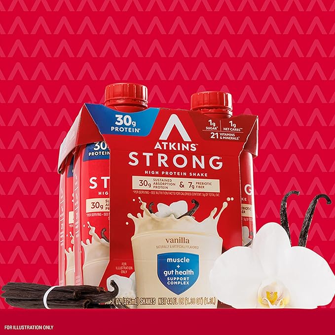 Atkins Strong High Protein Shake, Vanilla Flavored, 30g Protein, Low Carb and Low Sugar Shake, Keto