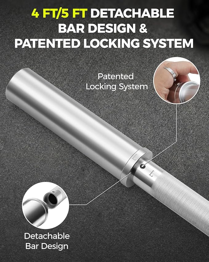 DASKING 4ft/4.9ft Barbell, 2-Inch Olympic Detachable Bar, Portable Strength Training Bar for