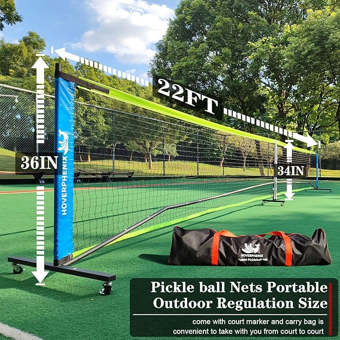 Hoverphenix Pickleball Net for Driveway, 22FT Regulation Size Pickleball Net with Paddles Set of 4