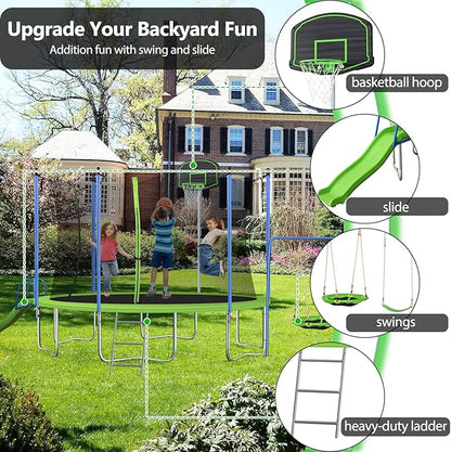 12FT 14FT Trampoline with Slide and Swings, ASTM Approved Outdoor Trampoline with Basketball Hoop