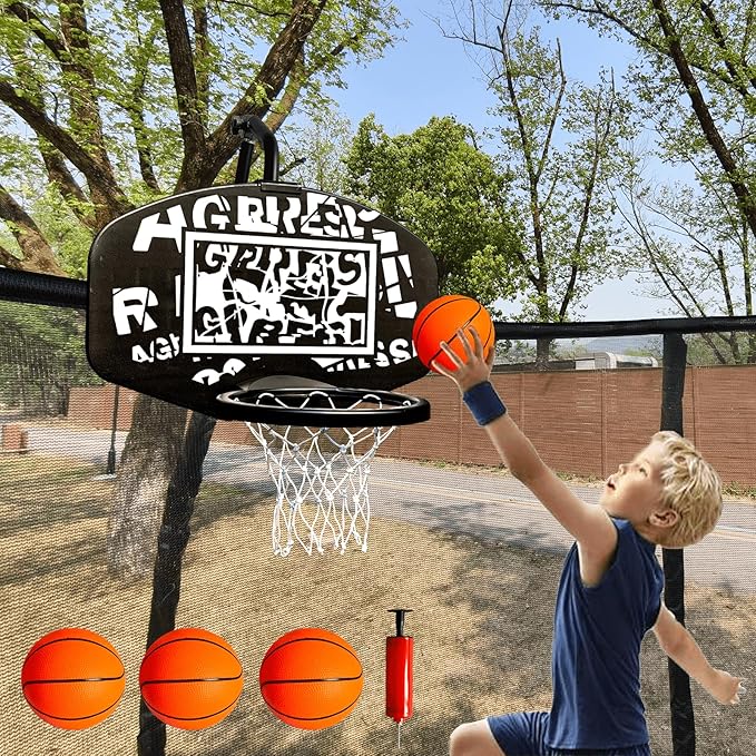 Trampoline Basketball Hoop Attachment, with 3 Mini Balls and Air Pump, Fits All Trampoline Models