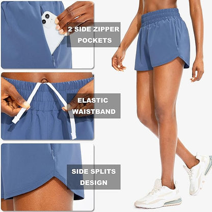 SANTINY Women's Running Shorts with Zip Pockets High Waisted Athletic Workout Gym Shorts for Women