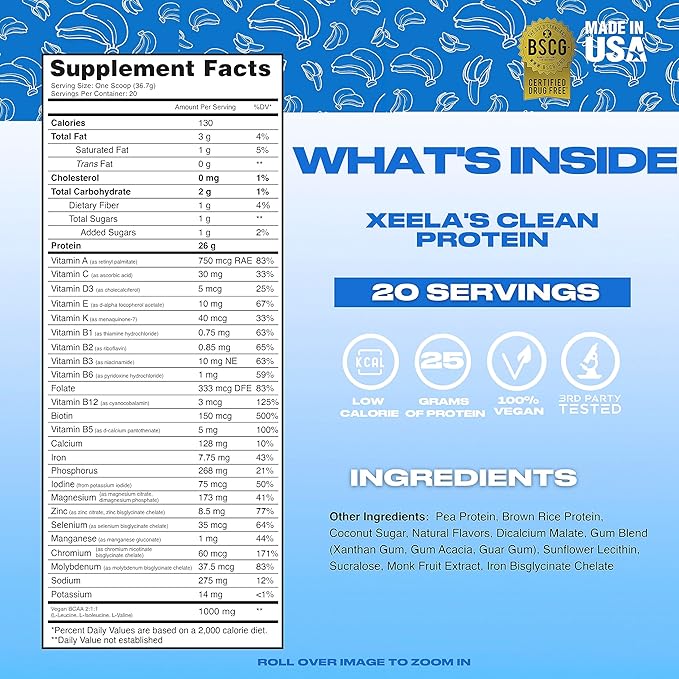 XEELA Plant Based Vegan Protein Powder - Independently Tested - 25g High Protein, Pea Protein for