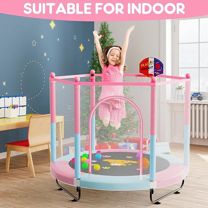 60" Trampoline for Kids, 5 FT Indoor & Outdoor Toddler Baby Trampoline with Basketball Hoop, Safety