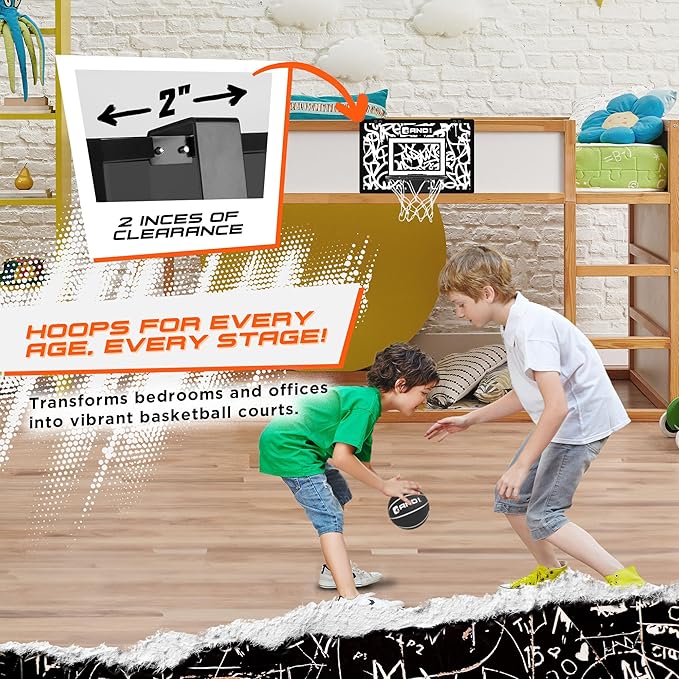 AND1 Over the Door Mini Basketball Hoop: 18x12 Shatterproof Backboard, 2 Mini Basketballs, and Hand