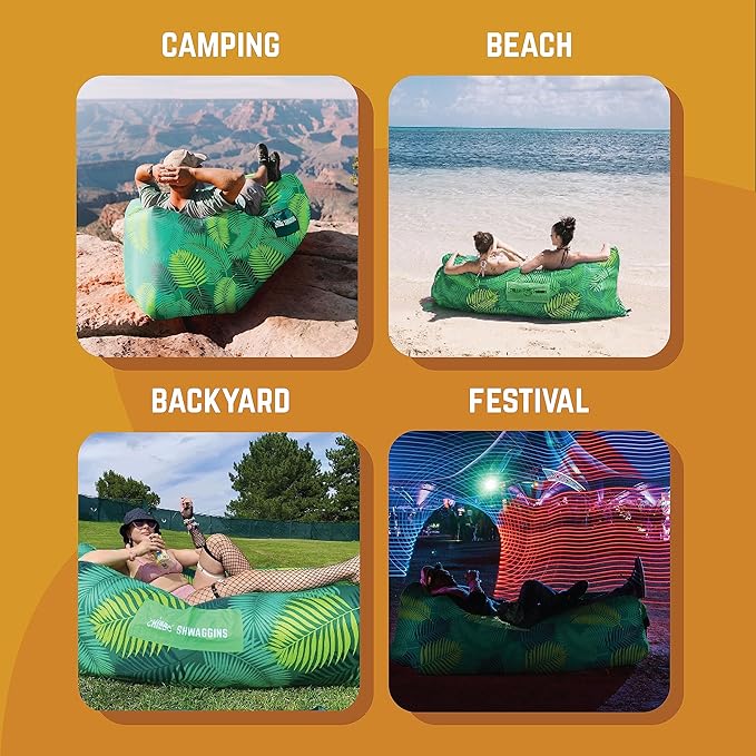 Chillbo Shwaggins Inflatable Couch – No-Pump Setup, Ripstop Polyester, Stability Pegs, Fun Prints