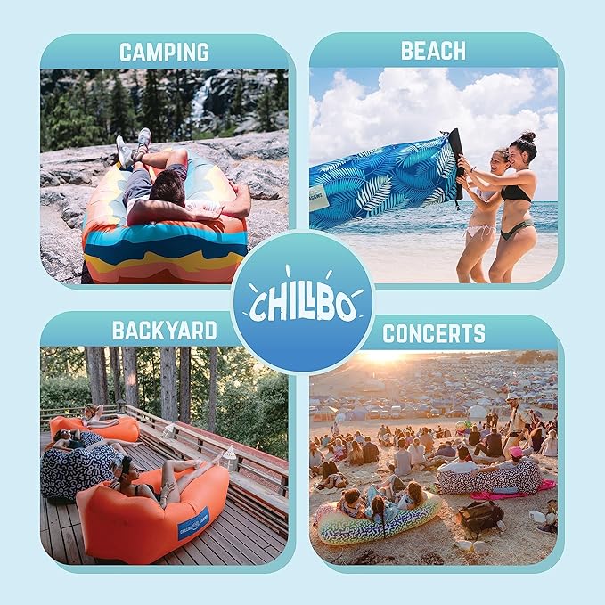 Chillbo Shwaggins Inflatable Couch – No-Pump Setup, Ripstop Polyester, Stability Pegs, Fun Prints
