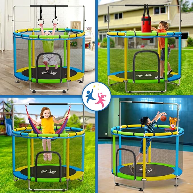 Toddler Trampoline for Kids Ages 3-8 - 5 ft Toddler Trampoline with Net, Basketball Hoop, Ocean