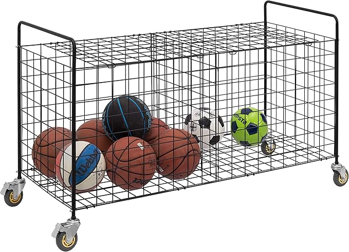 MyGift X-Large Capacity Black Metal Sports Ball and Gym Equipment Storage Rolling Cart with 2
