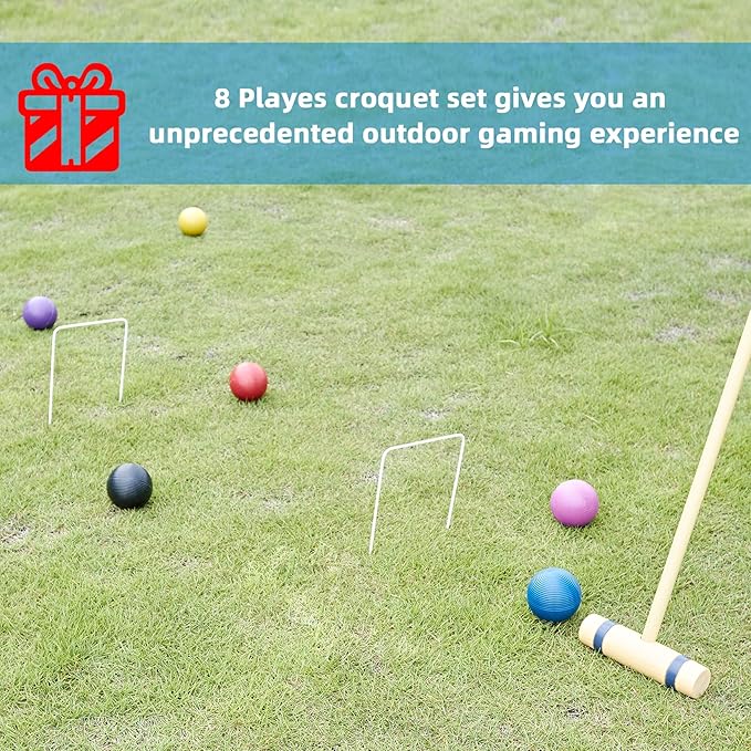 28In Croquet Party Set for 8 Players - Made of Long-Lasting Pine Wood, Family Fun for Backyards