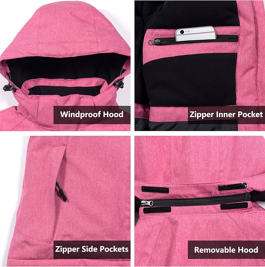 Little Donkey Andy Women's Waterproof Hiking Skiing Jacket with Removable Hood, Fleece Lined Winter