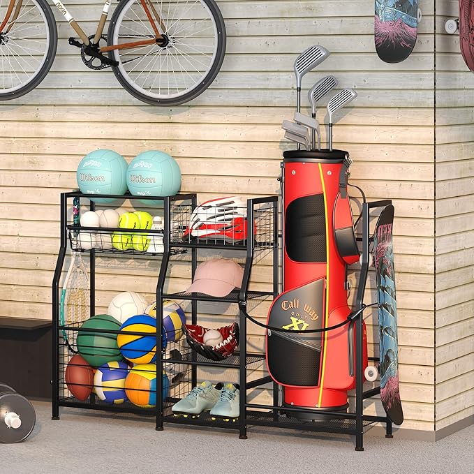 Sports Equipment Organizer Golf Bag Stand Golf Storage Organizer for Garage with Basket and Hooks