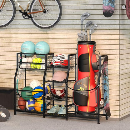 Sports Equipment Organizer Golf Bag Stand Golf Storage Organizer for Garage with Basket and Hooks