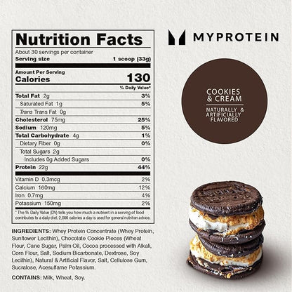 Myprotein Impact Whey Protein Powder, 2.2 Lbs (32 Servings) Cookies & Cream, 22g Protein & 5g BCAA