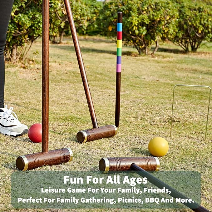 Six Player Croquet Game, 35’’ Croquette Set with Premium Wooden Mallets/Colored