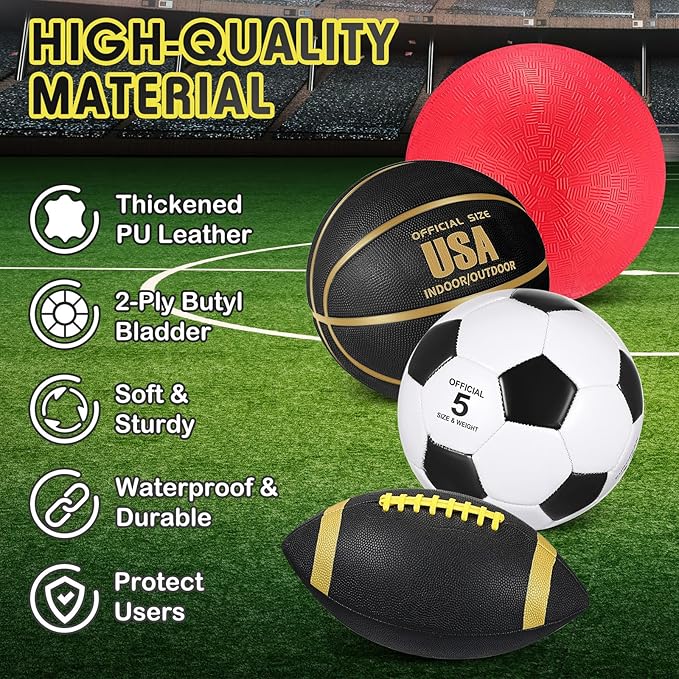 Lenwen 4 Pcs Sports Balls Set, Include Official Size Basketball Soccer Football Playground Ball