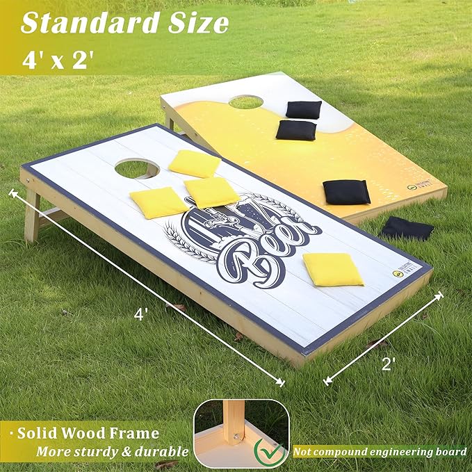 Cornhole Board Set 4FTx2FT Solid Wood Regulation Size Cornhole Set Includes 8 Cornhole Bags for