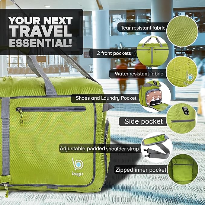 Bago Foldable Duffel Bags for Traveling Women & Men - 60L Medium Packable Duffle Bag for Travel