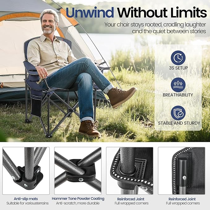 2 Pack Heavy Duty Oversized Camping Chair for Adults 400lbs w/Lumbar Support - Folding Chairs with