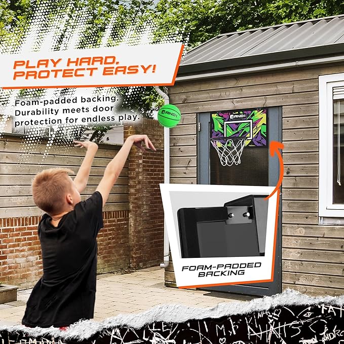 AND1 Over the Door Mini Basketball Hoop: 18x12 Shatterproof Backboard, 2 Mini Basketballs, and Hand