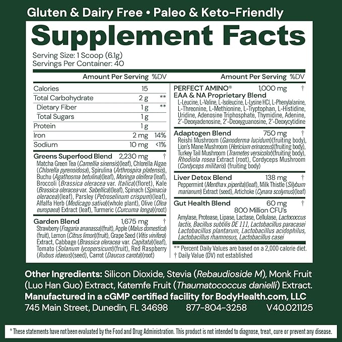 BodyHealth Greens Enhanced with PerfectAmino - Daily Superfood Green Apple Smoothie Powder with