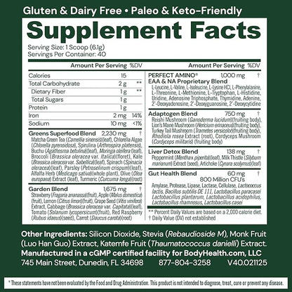 BodyHealth Greens Enhanced with PerfectAmino - Daily Superfood Green Apple Smoothie Powder with