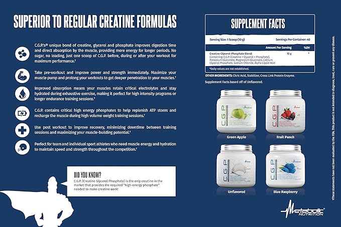 Metabolic Nutrition, CGP, Creatine Glycerol Phosphate, 100% Micronized Creatine Powder, Pre Intra
