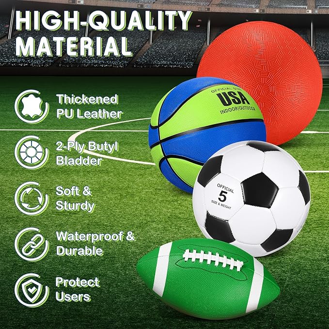 Lenwen 4 Pcs Sports Balls Set, Include Official Size Basketball Soccer Football Playground Ball