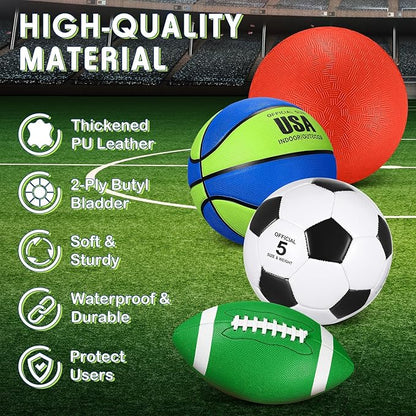 Lenwen 4 Pcs Sports Balls Set, Include Official Size Basketball Soccer Football Playground Ball