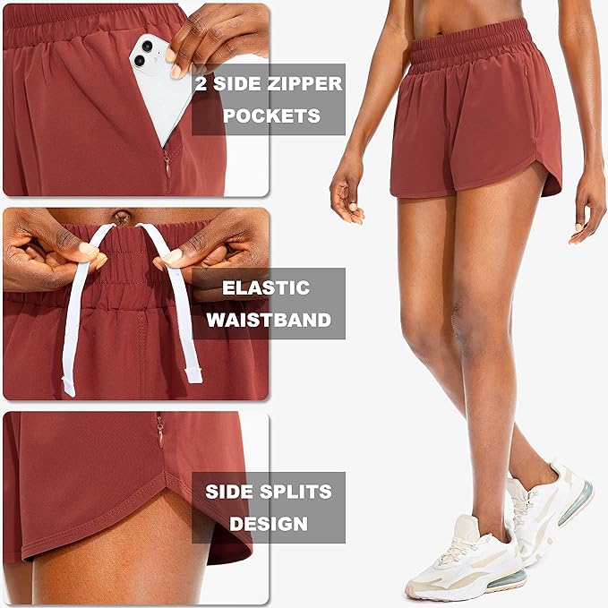 SANTINY Women's Running Shorts with Zip Pockets High Waisted Athletic Workout Gym Shorts for Women
