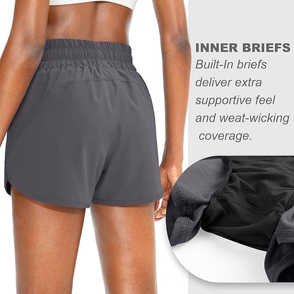 SANTINY Women's Running Shorts with Zip Pockets High Waisted Athletic Workout Gym Shorts for Women