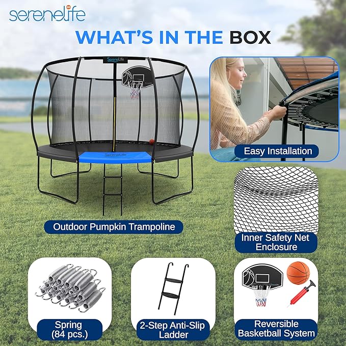 Serenelife 12FT 10FT 8FT Recreational Trampolines with Enclosure Net and Ladder and Anti-Rust