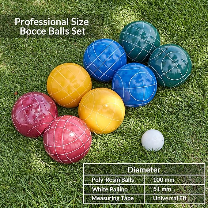 ApudArmis Bocce Balls Set, Regulation Size 100mm Bocce Game for Outdoor/Backyard/Lawn/Beach with 8
